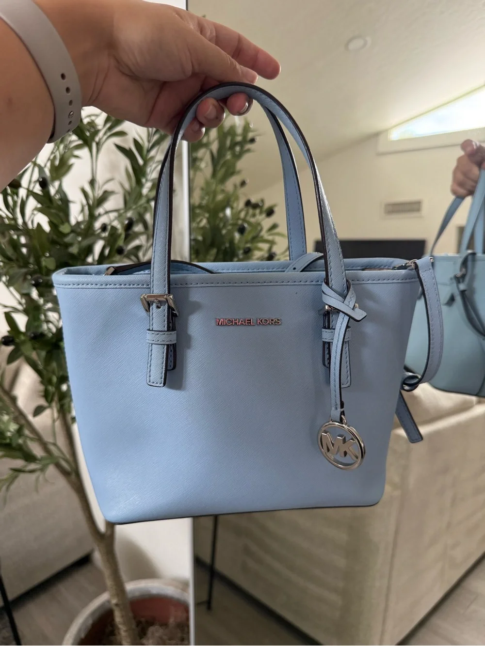 Michael Kors Light Blue Saffiano Satchel with MK Charm
